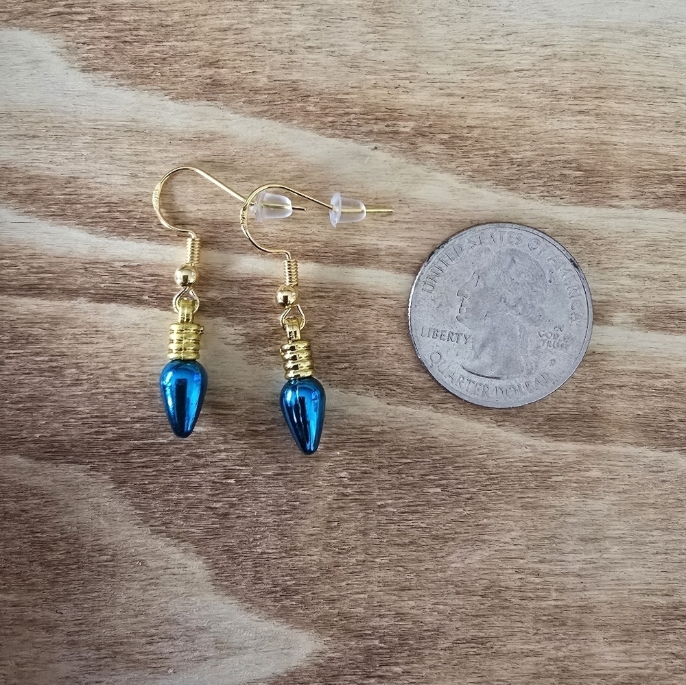 Blue Mini Christmas Light Bulb Earrings.